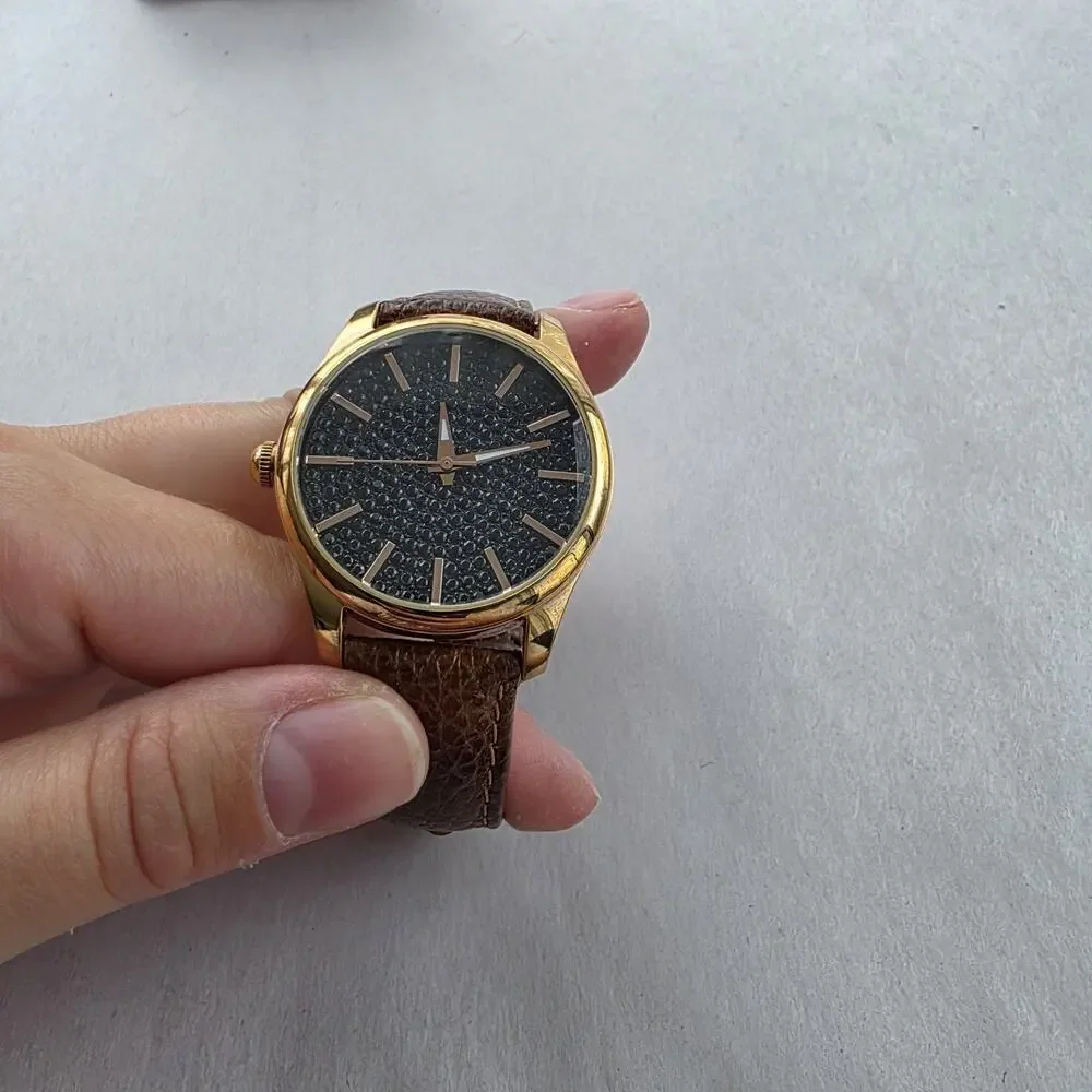 Bronzo Italia Black Spinel Stone‎ Dial Bronze Yellow Gold Watch Leather Band New